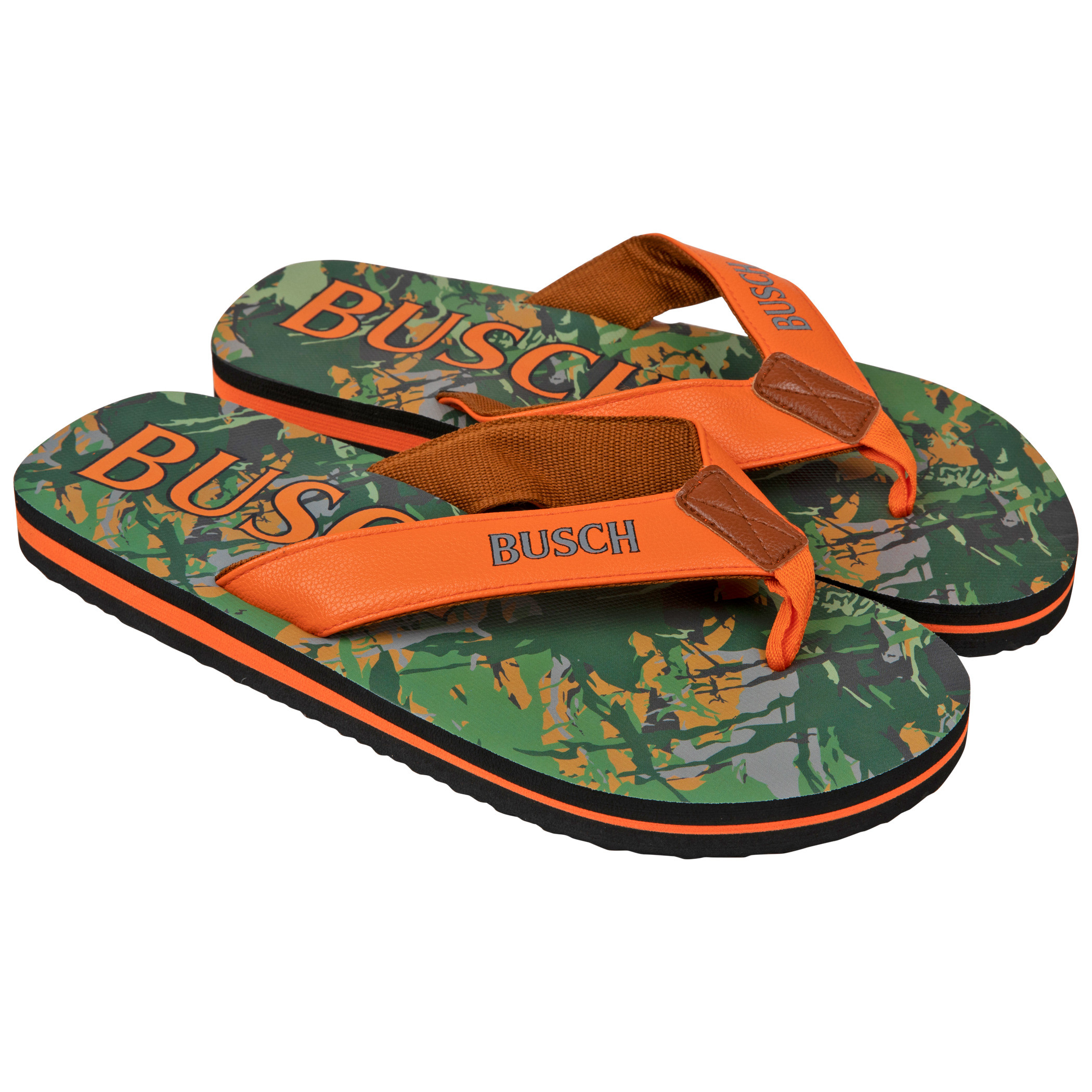 Busch Hunter Orange Text Logo Tree Camo Men's Flip Flop Sandals